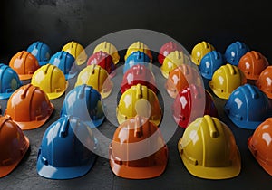 Array of colorful safety helmets for construction workers