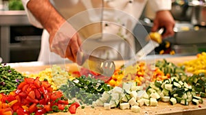 An array of colorful vegetables carefully arranged on a ting board as a chef shows the proper technique for julienning