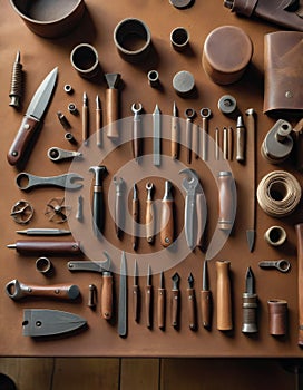Array of Craftsmanship Tools on Wooden Surface photo