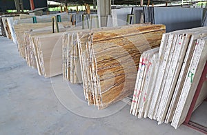 An array of different natural stones in a warehouse