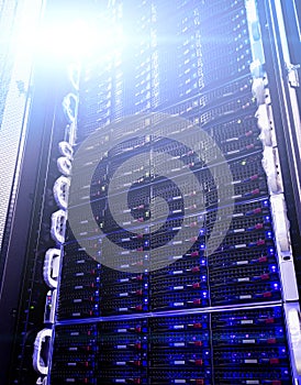 Array disk storage in data center with depth of field in cool tone
