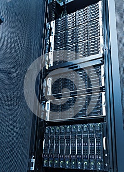 Array disk storage in data center with depth of field in cool tone