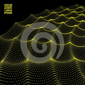 Array with Dynamic Particles. Flowing particle waves. Wavy Grid Background. 3d Abstract Vector Illustration