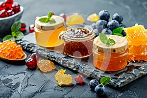 An array of exquisite honey and jams in glass jars, garnished with mint