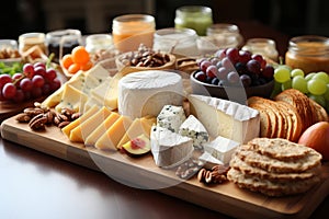 An array of exquisitely presented cheese types showcased on a rustic wooden table