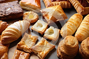 array of flaky puff pastries and turnovers, in variety of shapes and sizes