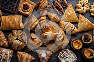 array of flaky puff pastries and turnovers, in variety of shapes and sizes