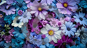 An array of flowers in various shades of purple and blue strategically p to attract the eyes of passing insects. photo