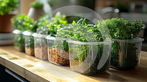 Herbs Growing in Clear Containers on a Kitchen Counter