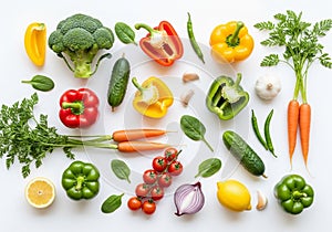 An array of fresh vegetables and fruits on a white background