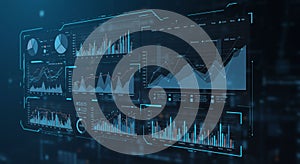 An array of futuristic digital data charts and graphs displayed on a transparent