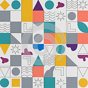 An array of geometric shapes and patterns create a colorful abstract design