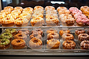 an array of glazed donuts on a glass bakery shelf
