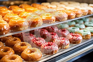 an array of glazed donuts on a glass bakery shelf