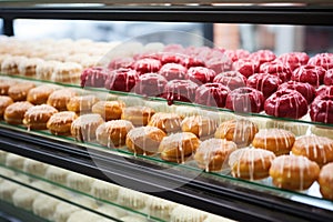an array of glazed donuts on a glass bakery shelf