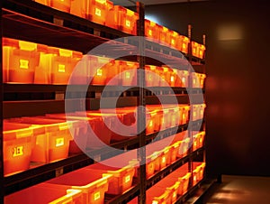 An array of glowing carefully managed storage bins arranged along a conveyor belt to transport materials efficiently