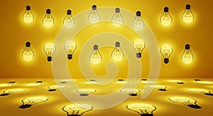 Array of Glowing Light Bulbs on a Yellow Background, Some on Wall, Some on Floor lightbulb