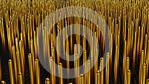Array of gold nanowires. Golden nanorods. Hundreds of gold cylinders, rods, pipes. Electric wires, connectors.