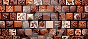 Array of gourmet chocolate candies with decorative patterns. Top view. Banner. Tasty background. Concept of