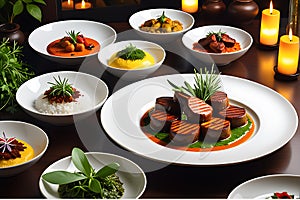 Array of gourmet non-vegetarian dishes elegantly plated on fine porcelain, meats glistening with perfection