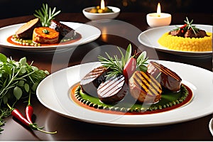 Array of gourmet non-vegetarian dishes elegantly plated on fine porcelain, meats glistening with perfection