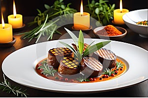 Array of gourmet non-vegetarian dishes elegantly plated on fine porcelain, meats glistening with perfection