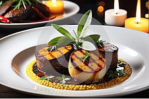 Array of gourmet non-vegetarian dishes elegantly plated on fine porcelain, meats glistening with perfection