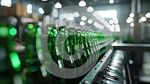 Array of green beer bottles moving along a production line, embodying the process of brewing excellence. Ai Generated