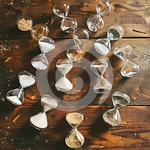 Array of Hourglasses on Wooden Table