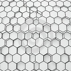 An array of interconnected black hexagons on a white background creates a three-