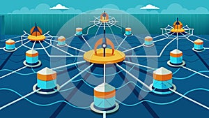 An array of interconnected wave energy converters resembling a large submerged spider web.. Vector illustration. photo