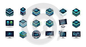 Isometric data stacks and monitor displays with digital interfaces, ai generated