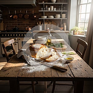 An array of kitchenwares, including hanging copper pots and a vintage-sty