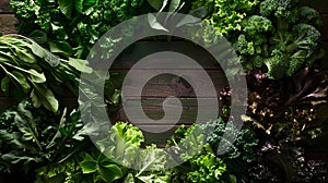 Array of leafy greens and vegetables on a dark wooden surface. Generated AI