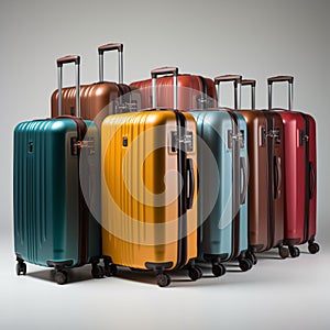 Array of luggage Suitcases neatly arranged on a clean white backdrop