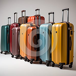Array of luggage Suitcases neatly arranged on a clean white backdrop