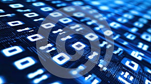 Digital Binary Code Matrix Abstract Blue Glowing Technology Background Representing Data, Cyber Security, and Information