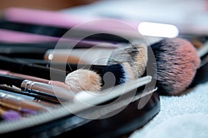 Array of makeup brushes in a variety of styles and shapes on a flat surface