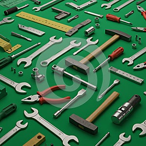 An array of metal tools and instruments arranged on a green background. The tools