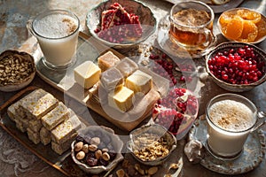 An array of Middle Eastern sweets, nuts, and pomegranate on a table, inviting culinary delight