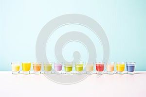 array of mini daiquiris in shot glasses, vibrant color gradient