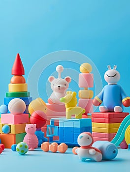 An array of modern playthings including geometric blocks, bright animal figures, and toy vehicles on a blue backdrop.