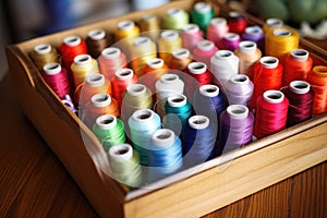 array of multi-colored thread spools in a sewing box