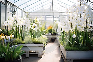 array of orchids in a greenhouse with humidity controls