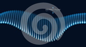 Array of particles flowing, dynamic sound wave. 3d vector illustration. Mesh of glowing dots, beautiful illustration.