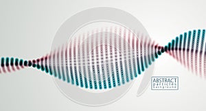 Array of particles flowing, dynamic sound wave. 3d vector illustration. Mesh of glowing dots.