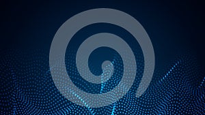 Array of particles flowing over dark background. Mesh shining round dots.Abstract wave background