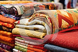 an array of patterned, handmade quilts draped over a rack