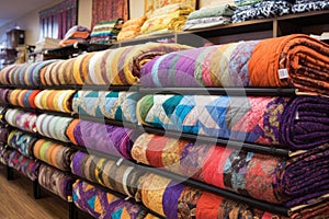 an array of patterned, handmade quilts draped over a rack