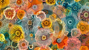 An array of pollen grains tered across a background of colorful flowers. Each grain is uniquely shaped and colored